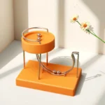 Orange magnetic marble run toy with metal balls and curved tracks on a rectangular base.