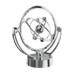 Elegant silver atom model desk decor featuring orbiting electrons and nucleus, ideal for science enthusiasts and educational settings.