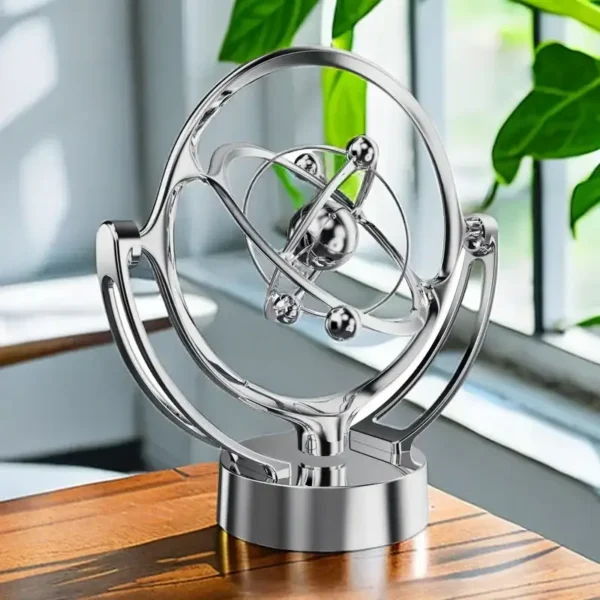 A detailed metallic atom model sculpture for science decor and educational purposes. Perfect for science enthusiasts and classroom decoration.
