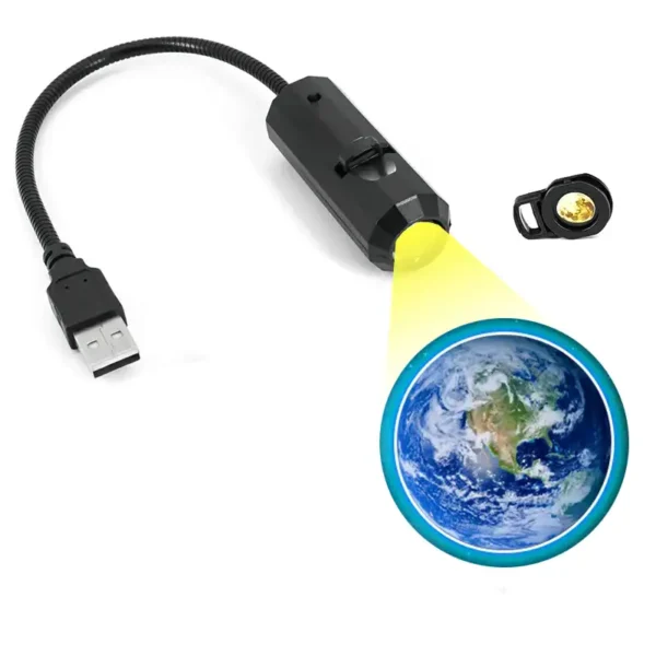 USB-powered globe projector displaying Earth with a focused light beam, ideal for educational science projects and classroom decor.