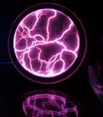 Close-up of a plasma ball emitting vibrant purple lightning bolts inside a glass sphere, showcasing a mesmerizing science gadget.