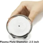 Close-up of a plasma plate showing a 2.5-inch diameter with intricate electrode pattern, used for educational science demonstrations and experiments.