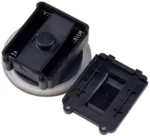 Battery holder for 9V batteries with removable cover and spring contacts, ideal for electronics projects and educational kits.