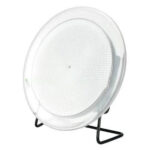 Modern wireless charging pad with a sleek circular design, placed on a stand for convenient charging of compatible devices.