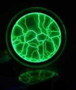 Glowing green lightning sphere demonstrating static electricity and electrical discharge in a dark environment.