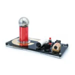 Educational electromagnetic science experiment kit with a glass sphere, coil, and electrical components on a black base for science learning and demonstrations.
