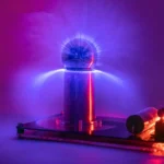 A vibrant magnetic plasma globe emitting colorful neon lights, showcasing electric discharges and dynamic visual effects. Perfect for science decor and educational demonstrations.