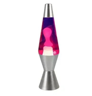 Classic lava lamp with pink and purple wax flowing inside a clear glass tube, mounted on a silver base and cap, creating a mesmerizing visual effect.