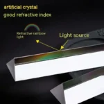Artificial crystal demonstrating good refractive index with visible rainbow light refraction, showcasing optical properties of the material.