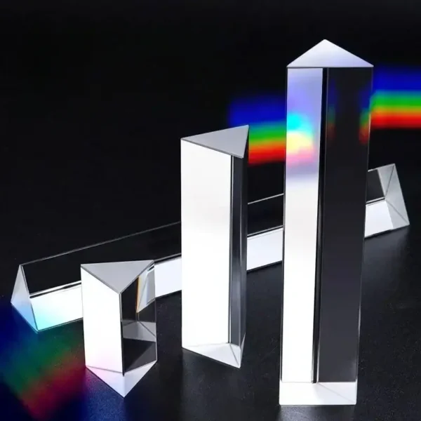 Reflective mirror prisms creating rainbow light dispersion on a black background, used for science experiments and educational demonstrations.