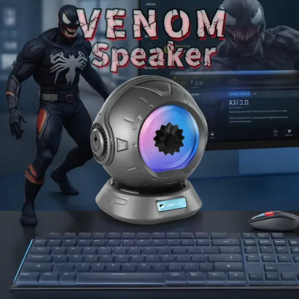 High-tech Venom-themed speaker featuring an alien-inspired design with colorful LED lighting. Perfect for gaming, music, and sci-fi enthusiasts seeking a unique audio experience.