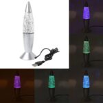 Modern lava lamp with glitter particles that glow in purple, green, and blue colors, perfect for science-themed decor and educational spaces.