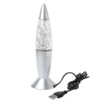 Modern glitter lava lamp with silver base and USB power cord, ideal for science decor and educational spaces.