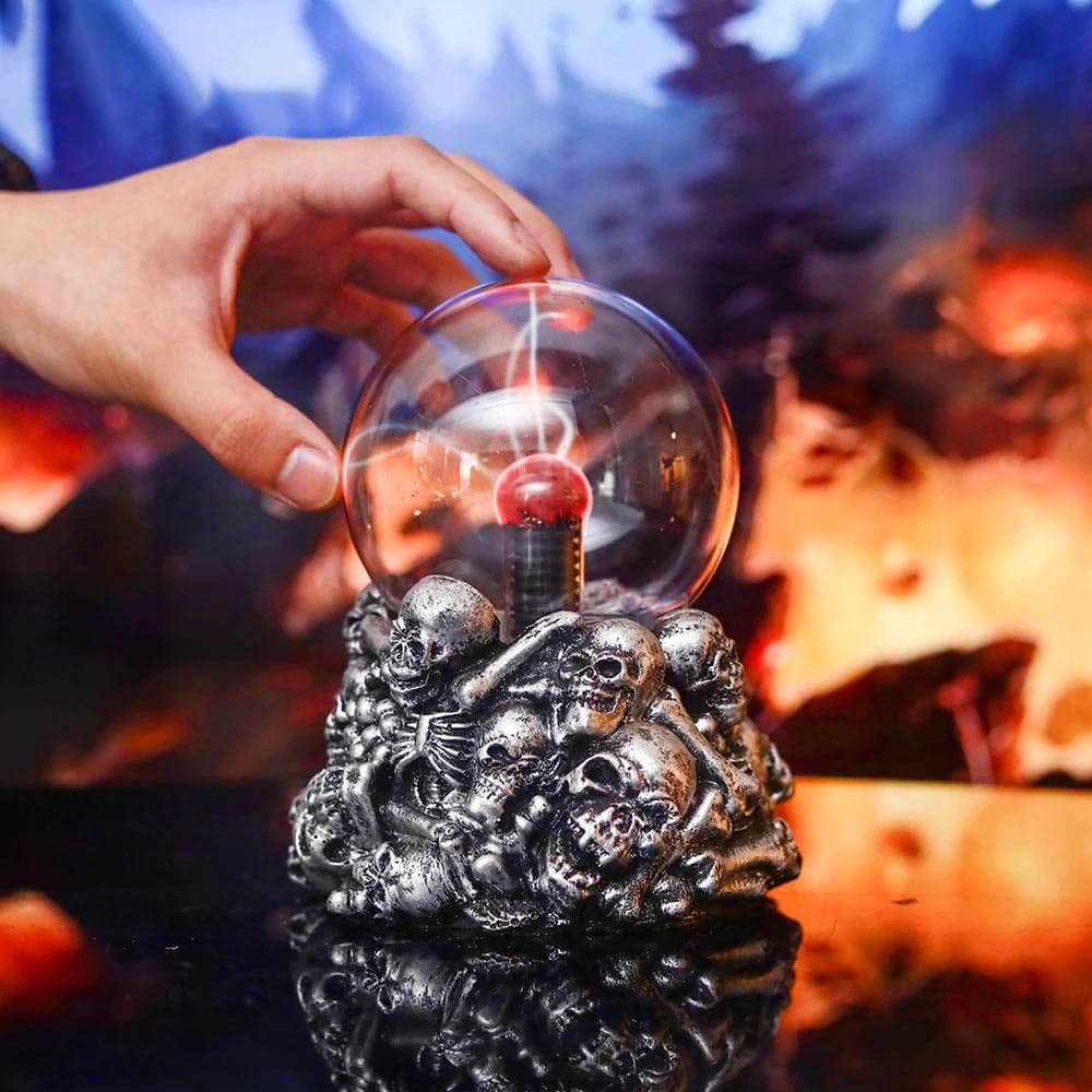 Mystical Skull Display with Glass Dome A detailed skull sculpture with a glass dome, set against a fiery volcanic background. Perfect for science decor and educational displays.