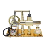 Gold-colored scientific model with thermometer, pressure gauge, and glass container, demonstrating physics principles.