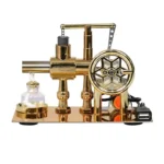 Gold-colored scientific apparatus model with gears, tubes, and a glass container, designed for educational purposes and science decor.