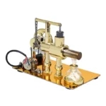 Gold-colored scientific steam engine model with glass components, demonstrating basic principles of steam power and thermodynamics for educational purposes.