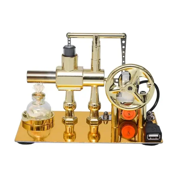 Gold-colored miniature steam engine model for science education and decorative purposes.