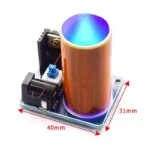 Small Tesla coil module with copper cylinder, electronic components, and wiring, measuring 40mm by 31mm, used for educational science experiments and demonstrations.