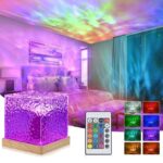 Colorful night sky projector illuminating bedroom ceiling with vibrant star and nebula patterns, creating a relaxing and immersive space-themed ambiance.