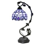 LED Tiffany-style desk lamp with stained glass shade featuring blue and purple hues, and an ornate decorative base, perfect for adding a vintage touch to your study or living space.
