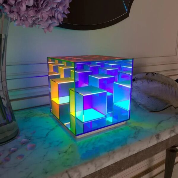 LED illuminated cube shelf with vibrant multicolor lighting, perfect for contemporary interior decoration and displaying small items.