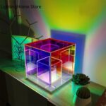 LED light cube with vibrant neon colors creating a mesmerizing glow on the wall. Perfect for modern decor, educational displays, or science-themed room accents.