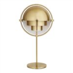 Gold desk lamp with a geometric, layered shade and circular frame, perfect for contemporary home or office decor.