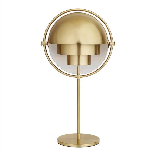 Gold desk lamp with a geometric, layered shade and circular frame, perfect for contemporary home or office decor.