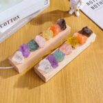 Vibrant mineral crystal rocks arranged on wooden display boards, perfect for science education, geology learning, and decorative science decor.