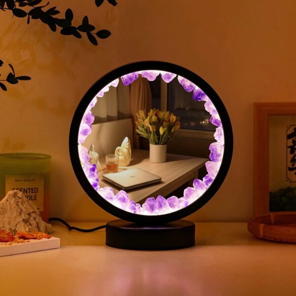 LED mirror with purple crystal border for stylish home decoration.