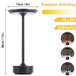 Sleek black LED lamp with stepless dimming, 40 LEDs, 4000mAh battery, 28cm tall, ideal for modern decor and educational spaces.
