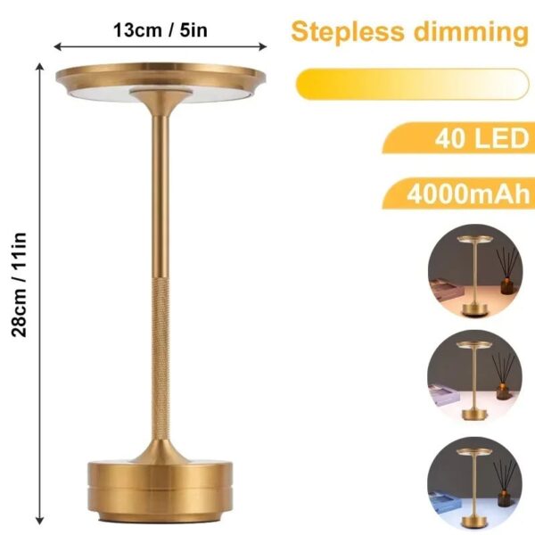 Elegant gold LED table lamp with stepless dimming, 40 LEDs, and 4000mAh battery, ideal for science-themed decor and educational settings.