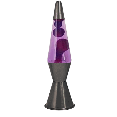Classic lava lamp with purple wax flowing inside a clear glass tube, mounted on a black base, perfect for science decor and educational spaces.