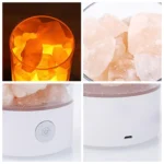 Illuminated rock salt lamp glowing with warm orange light, showcasing its natural crystalline structure, perfect for educational science decor and ambient lighting.