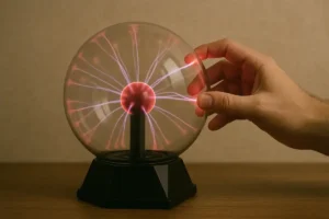 Hand touching a plasma globe with colorful electrical discharges inside, demonstrating plasma physics and electrical phenomena.