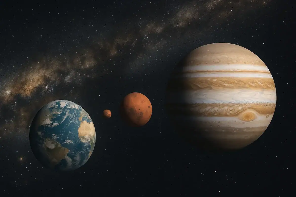 Image of Earth, Mars, and Jupiter planets in space with stars and galaxy background, showcasing our solar system.