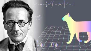 Scientific illustration of a physicist and a colorful, stylized cat with a 3D grid and mathematical equations in the background.
