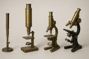 Microscope set with four vintage-style brass microscopes for science learning, educational displays, and science decor. Perfect for science enthusiasts and classroom use.