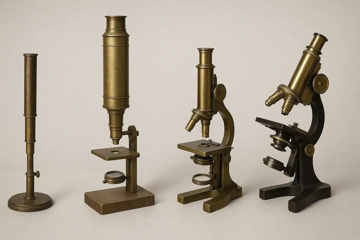 Microscope set with four vintage-style brass microscopes for science learning, educational displays, and science decor. Perfect for science enthusiasts and classroom use.