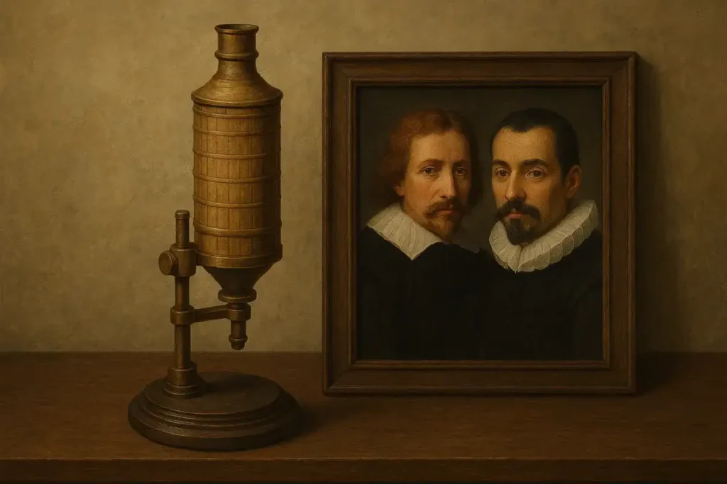 Antique scientific instrument and a framed oil painting of two men with ruffled collars, showcasing a blend of science history and classical art.