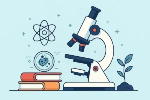 A detailed illustration of a microscope placed next to science books and a petri dish containing bacteria, with atomic and scientific icons in the background, perfect for educational and science-theme.