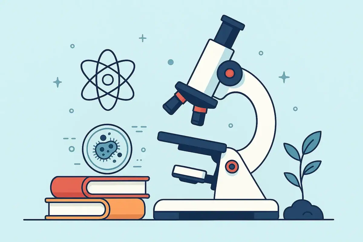 A detailed illustration of a microscope placed next to science books and a petri dish containing bacteria, with atomic and scientific icons in the background, perfect for educational and science-theme.