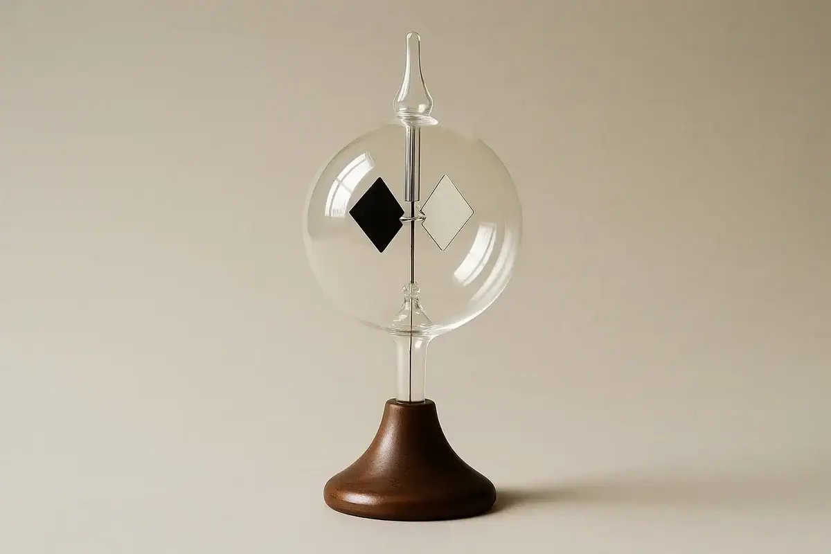A clear glass Tesla coil model with black and white conductive plates, mounted on a wooden base, demonstrating electrostatic principles and electrical charge behavior.