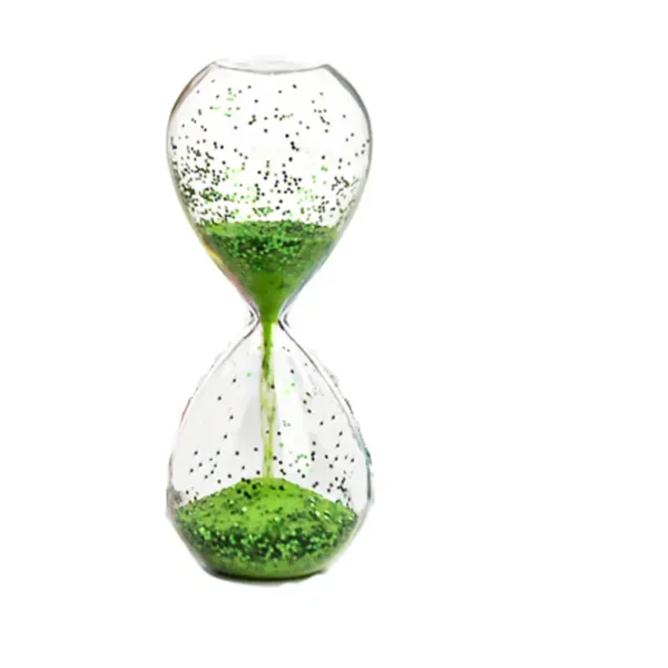 Clear sand timer with green glitter inside, illustrating time measurement and science decor.