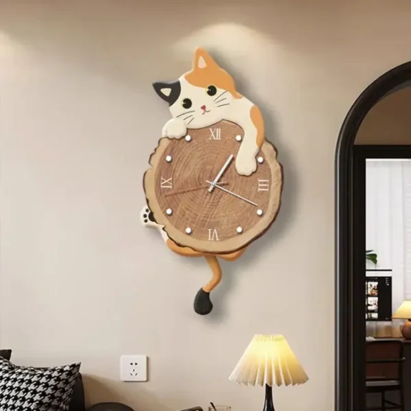 Adorable cat-shaped wall clock featuring a playful cat peeking over a wooden clock face with Roman numerals, perfect for adding charm to any room decor.