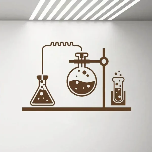Minimalist wall art depicting a chemistry laboratory setup with a flask, round-bottom flask, and test tube, perfect for science enthusiasts and educational decor.