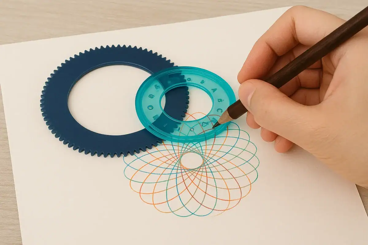 Hand using a compass to draw geometric patterns on paper, with two interlocking gears nearby, illustrating science and engineering concepts.