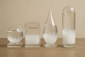 A set of four transparent glass containers with different shapes, filled with a white powdery substance, displayed on a wooden surface.