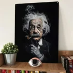 Artistic poster of Albert Einstein with wild hair, smoking a pipe, and wearing a tuxedo, perfect for science-themed decor and educational spaces.